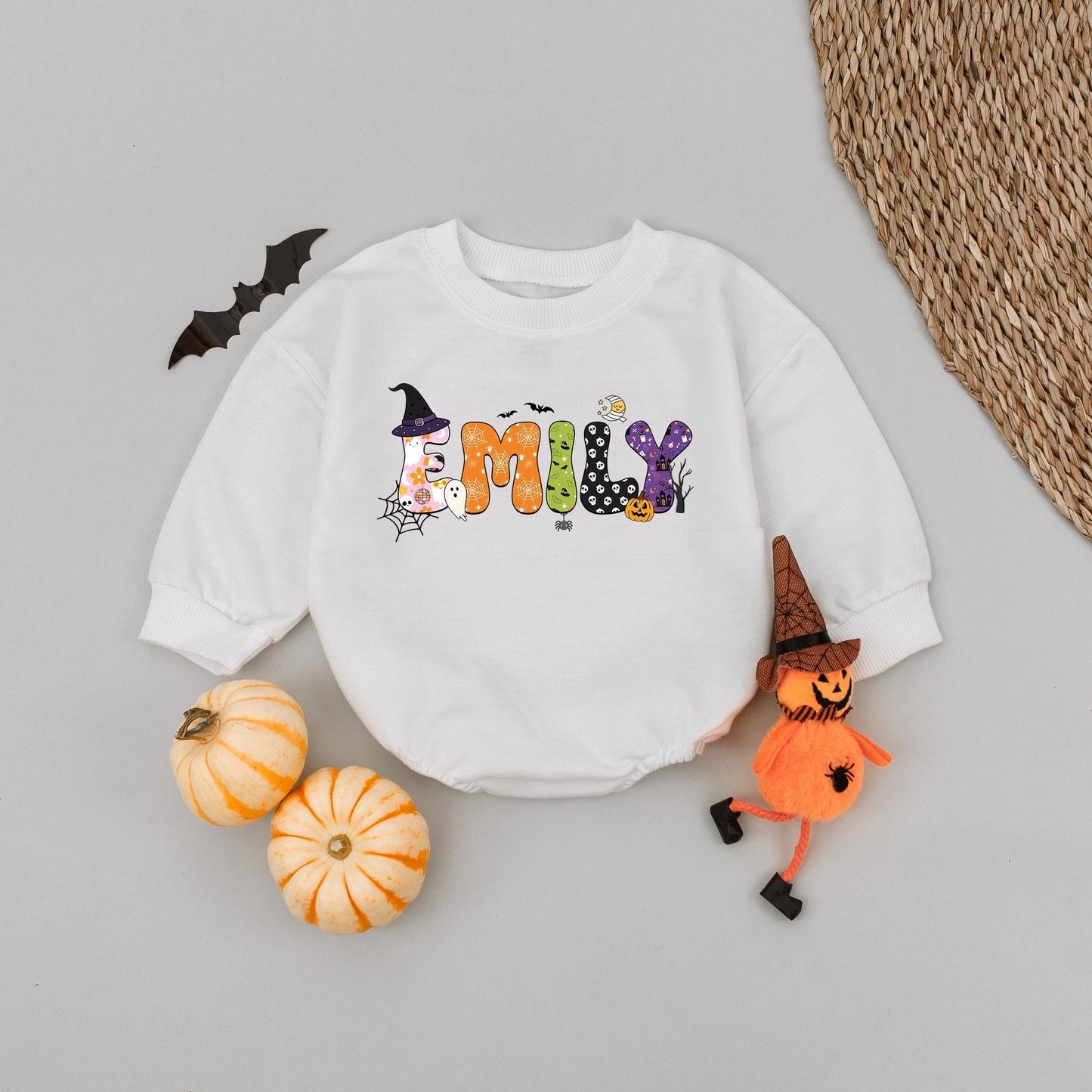 Personalized Emily Halloween Baby Romper, Custom Name Fall Outfit, Cute Pumpkin Ghost Infant Bodysuit, First Halloween Gift
