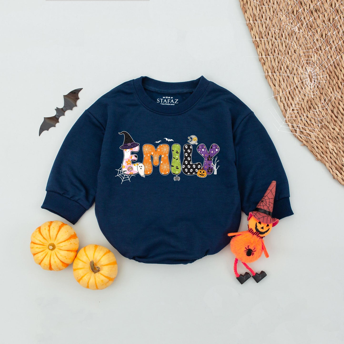 Personalized Emily Halloween Baby Romper, Custom Name Fall Outfit, Cute Pumpkin Ghost Infant Bodysuit, First Halloween Gift