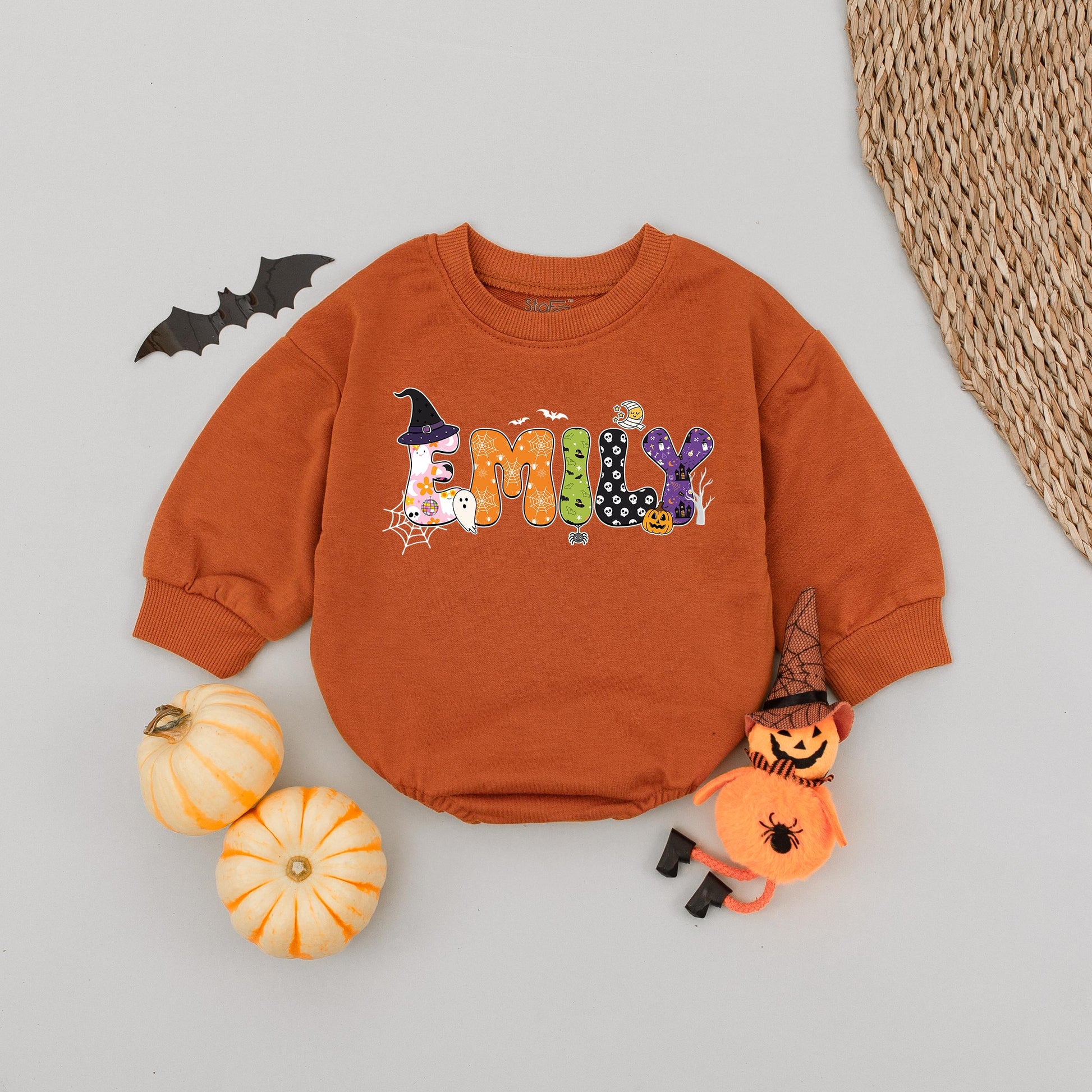 Personalized Emily Halloween Baby Romper, Custom Name Fall Outfit, Cute Pumpkin Ghost Infant Bodysuit, First Halloween Gift