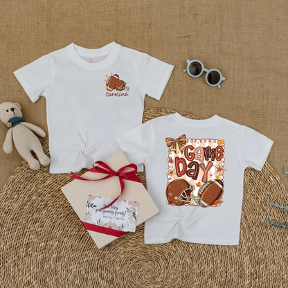 Caroline Personalized Football Game Day Baby Romper Girl Outfit Cute Autumnal Leaves Sports Toddler Shirt Baby Shower Gift