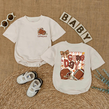 Caroline Personalized Football Game Day Baby Romper Girl Outfit Cute Autumnal Leaves Sports Toddler Shirt Baby Shower Gift