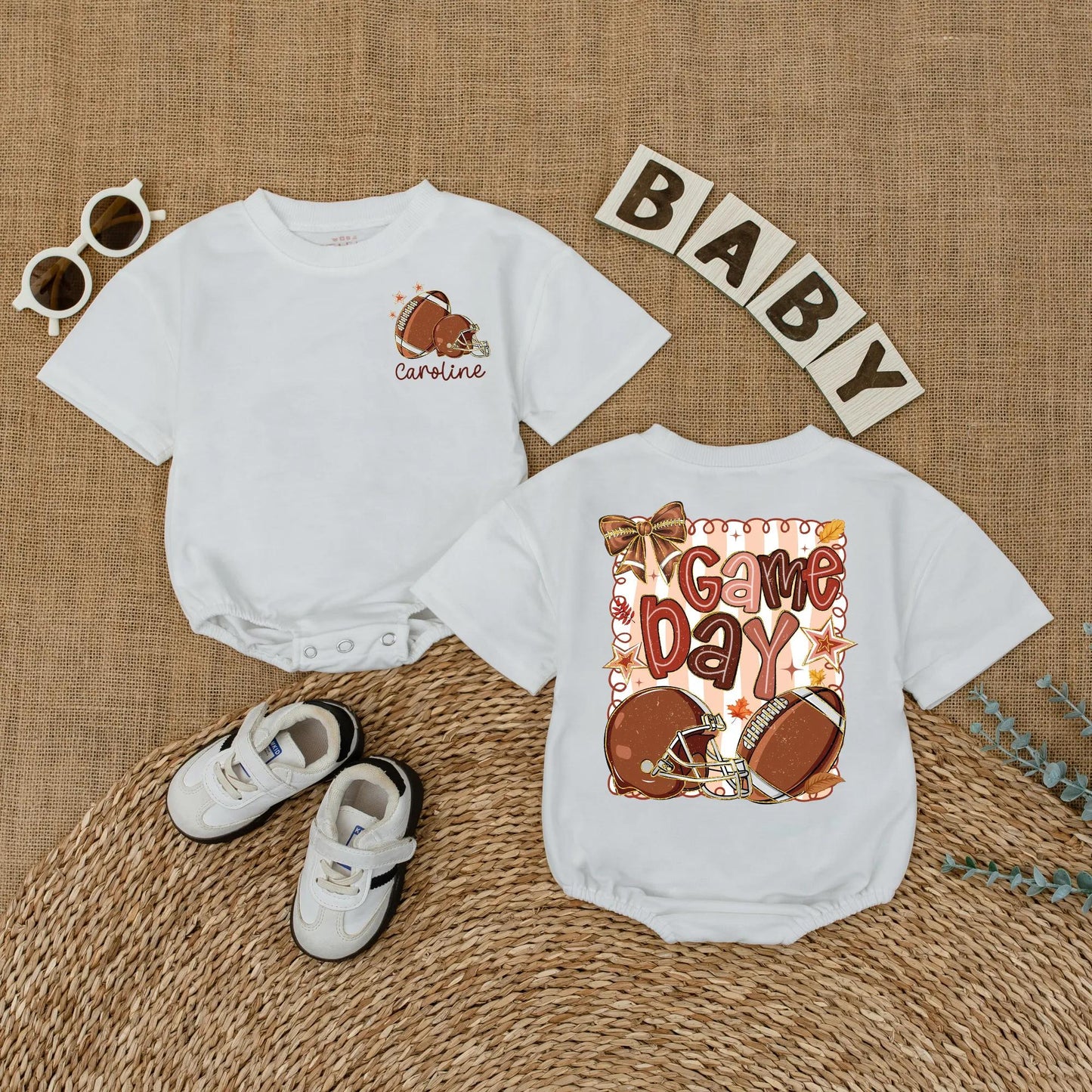 Caroline Personalized Football Game Day Baby Romper Girl Outfit Cute Autumnal Leaves Sports Toddler Shirt Baby Shower Gift