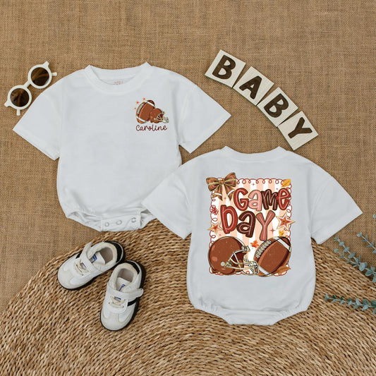 Caroline Personalized Football Game Day Baby Romper Girl Outfit Cute Autumnal Leaves Sports Toddler Shirt Baby Shower Gift