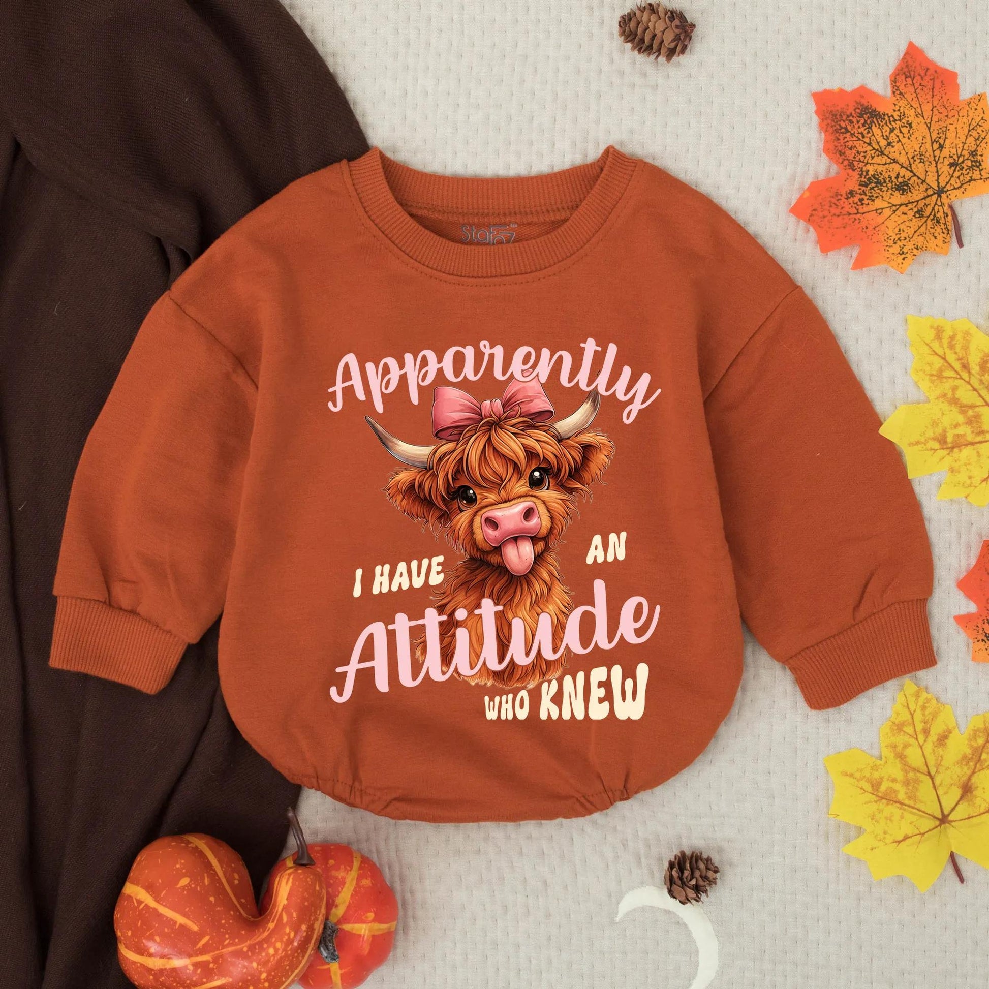 Cute Highland Cow Calf Romper "Apparently I Have An Attitude" Funny Baby Girl Clothes Outfit Western Newborn