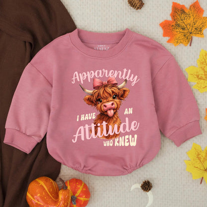 Cute Highland Cow Calf Romper "Apparently I Have An Attitude" Funny Baby Girl Clothes Outfit Western Newborn