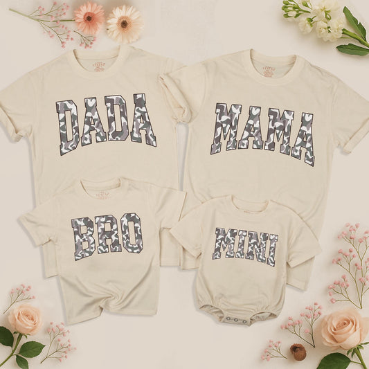Matching Family Camo Shirts: Mama, Dada & Mini T-Shirts – Gray, White & Black Camouflage, Playful Family Unity Design, Christmas Gift, New Mom & Dad Gift
