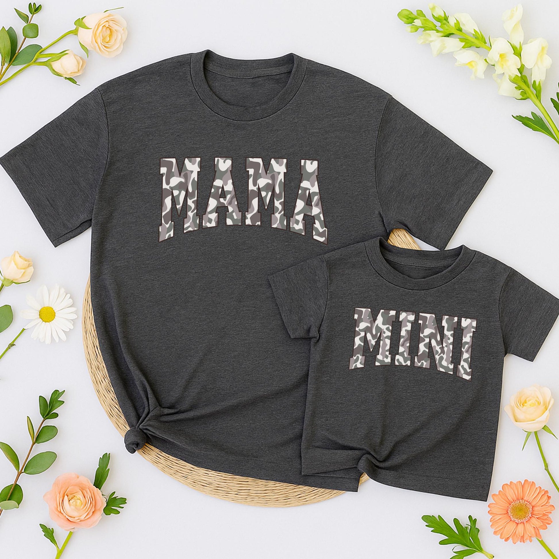 Matching Family Camo Shirts: Mama, Dada & Mini T-Shirts – Gray, White & Black Camouflage, Playful Family Unity Design, Christmas Gift, New Mom & Dad Gift