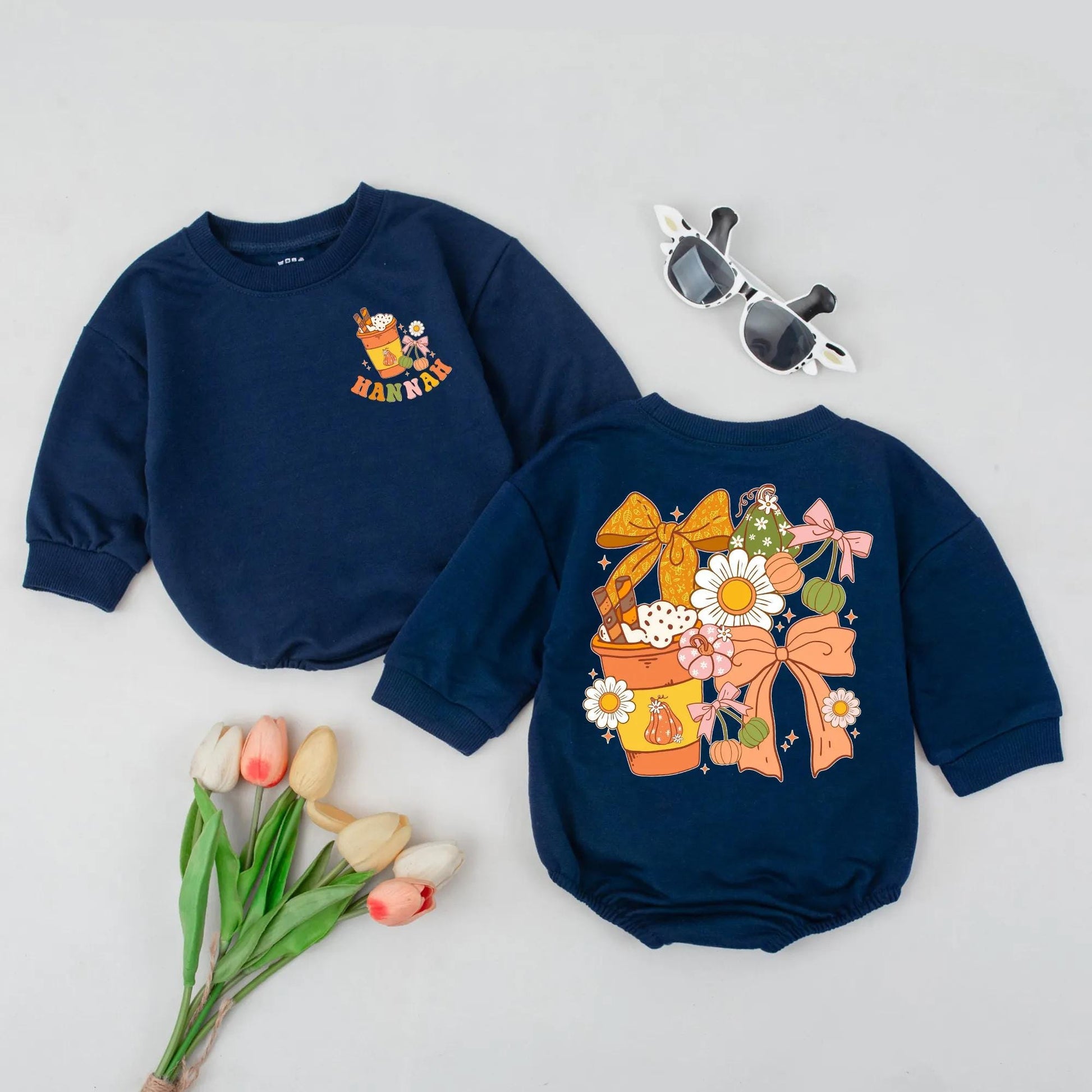 First Thanksgiving Baby Romper Personalized Pumpkin Outfit, Bows & Daisies Autumn Bodysuit, Newborn Fall Outfit, Colorful Baby Shower Gift 139
