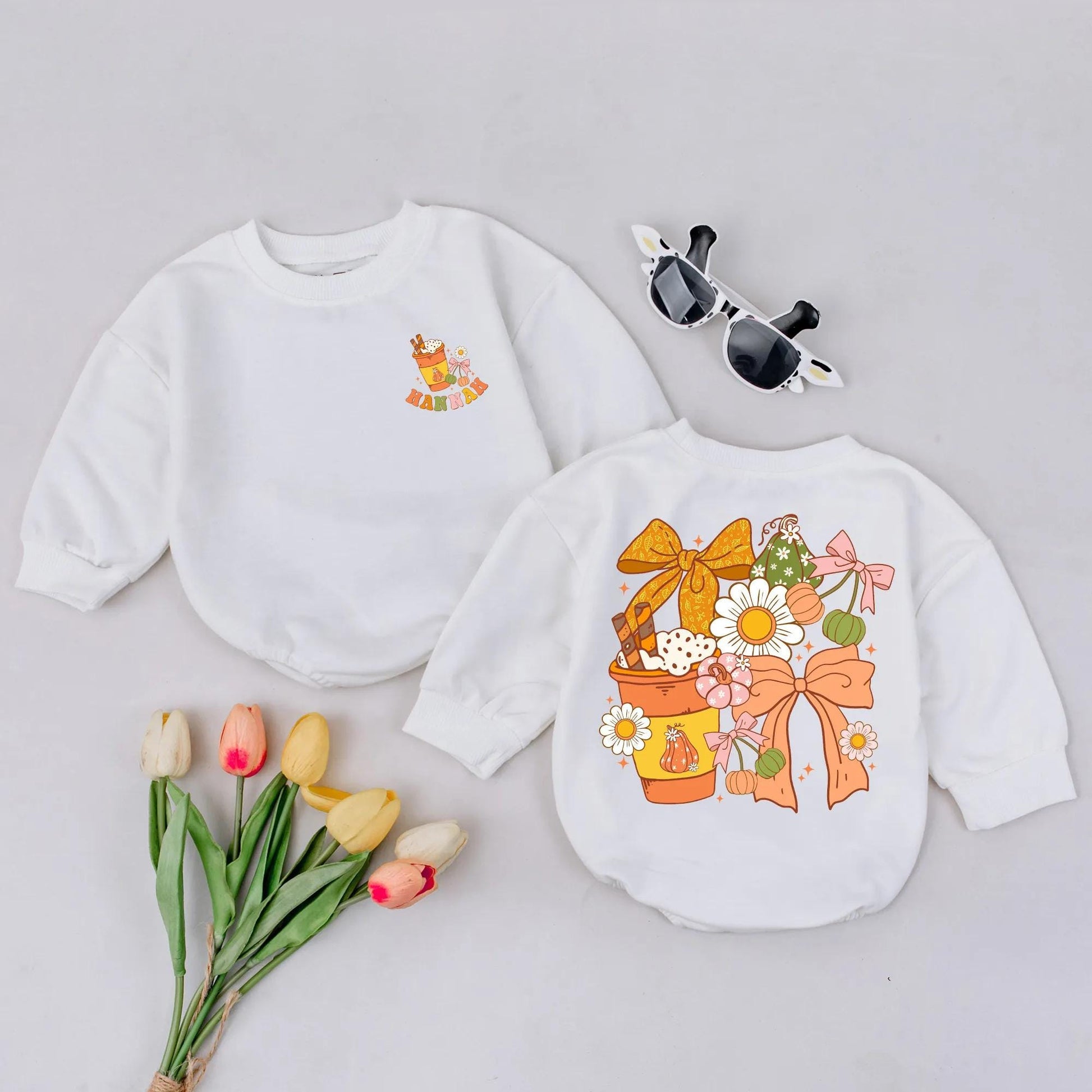 First Thanksgiving Baby Romper Personalized Pumpkin Outfit, Bows & Daisies Autumn Bodysuit, Newborn Fall Outfit, Colorful Baby Shower Gift 139