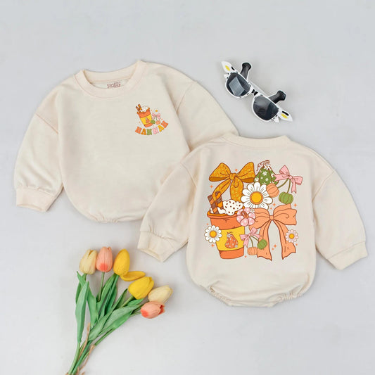First Thanksgiving Baby Romper Personalized Pumpkin Outfit, Bows & Daisies Autumn Bodysuit, Newborn Fall Outfit, Colorful Baby Shower Gift 139