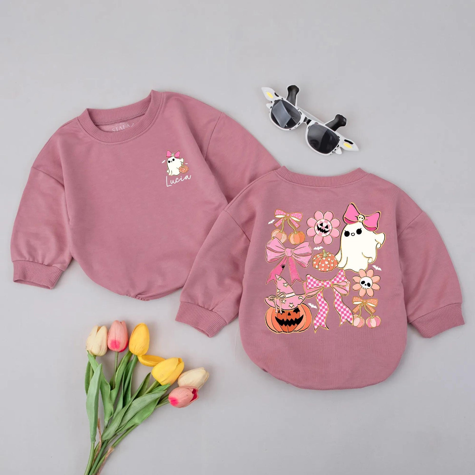 Personalized Lucia's First Halloween Romper, Pastel Ghost & Pumpkin Baby Outfit, Spooky Cute Fall Clothes, Custom Autumn Gift, Girl Costume 134 chars