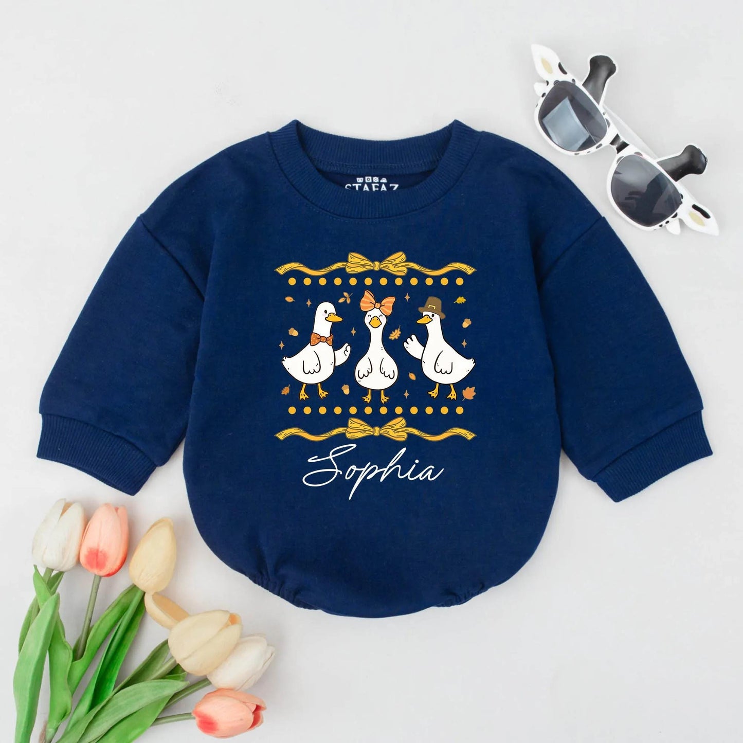 Sophia Goose Baby Romper: Festive Fall Outfit with Bow & Pilgrim Hat Geese. Personalized First Thanksgiving Baby Girl Bodysuit