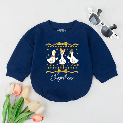 Sophia Goose Baby Romper: Festive Fall Outfit with Bow & Pilgrim Hat Geese. Personalized First Thanksgiving Baby Girl Bodysuit