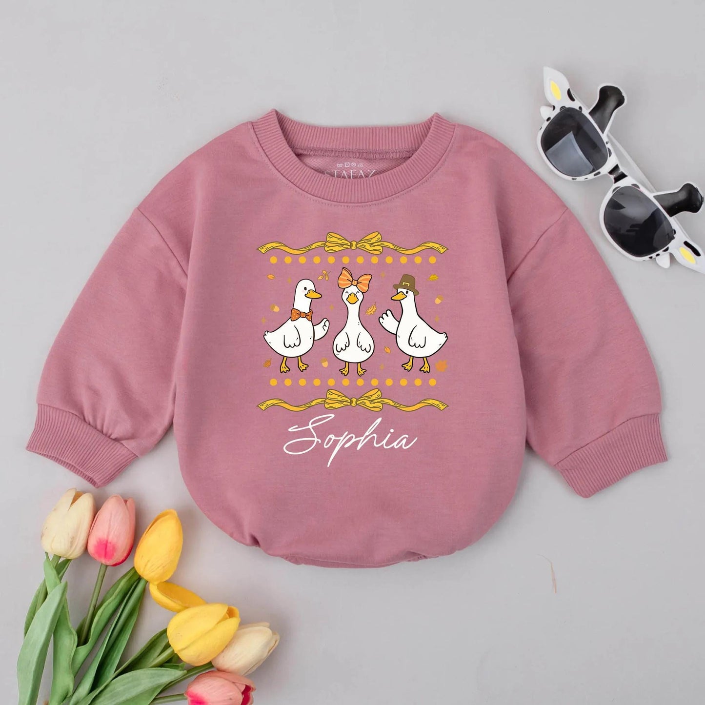 Sophia Goose Baby Romper: Festive Fall Outfit with Bow & Pilgrim Hat Geese. Personalized First Thanksgiving Baby Girl Bodysuit
