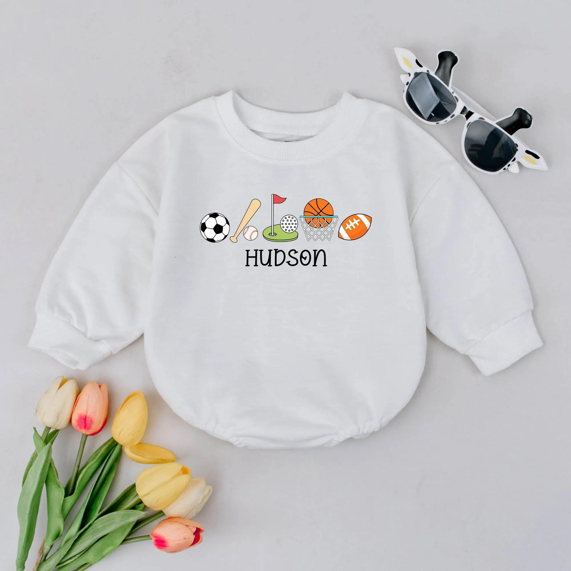 Hudson Sports Boy Bubble Romper Personalized Baby Gift, Game Day Newborn Outfit, Soccer, Baseball, Football, Basketball, Golf Romper