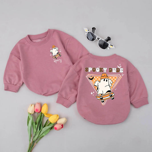 Custom Spooky Dude Skateboard Ghost Baby Romper Orange Beanie Halloween Outfit Fall Baby Shower Gift