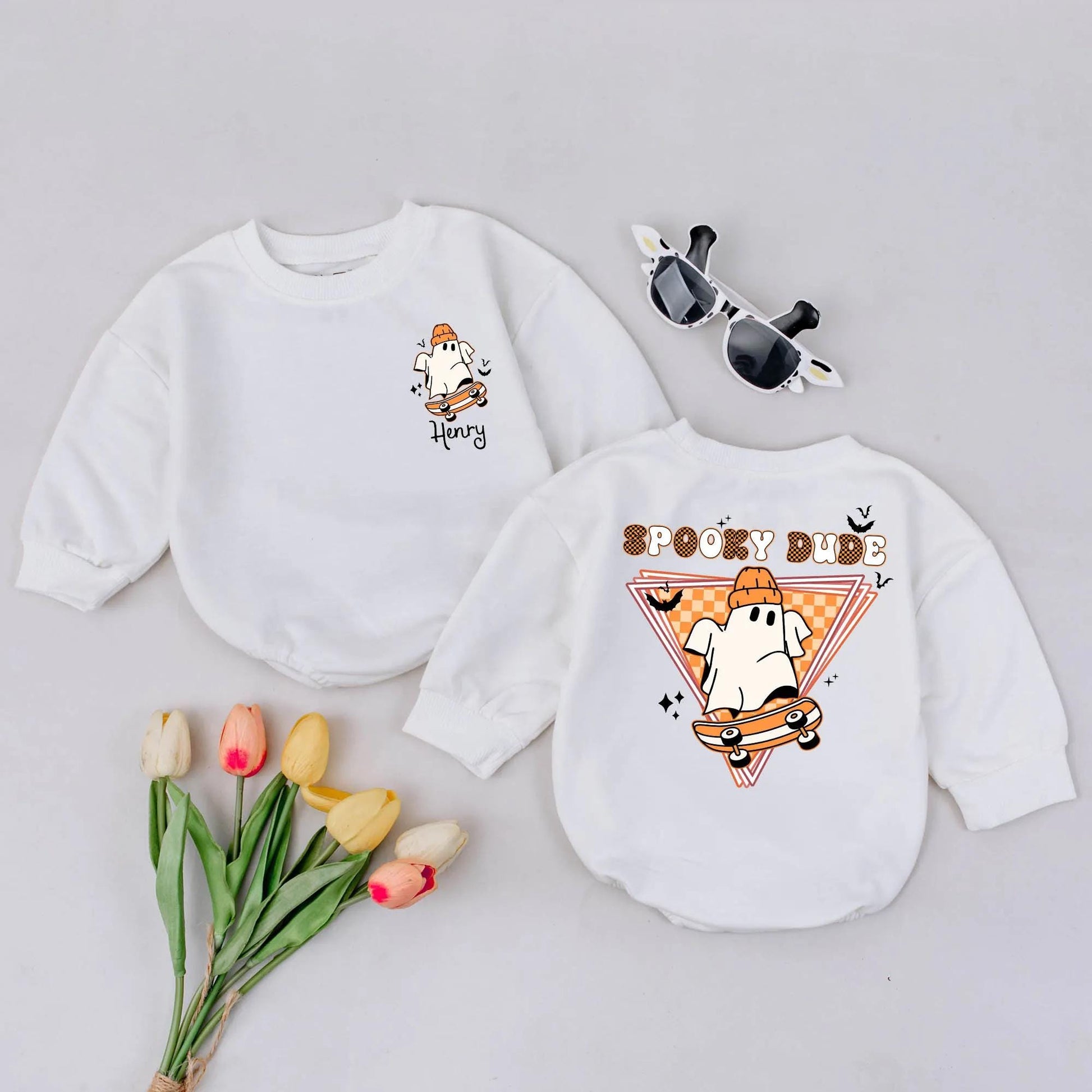 Custom Spooky Dude Skateboard Ghost Baby Romper Orange Beanie Halloween Outfit Fall Baby Shower Gift