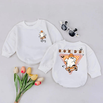 Custom Spooky Dude Skateboard Ghost Baby Romper Orange Beanie Halloween Outfit Fall Baby Shower Gift
