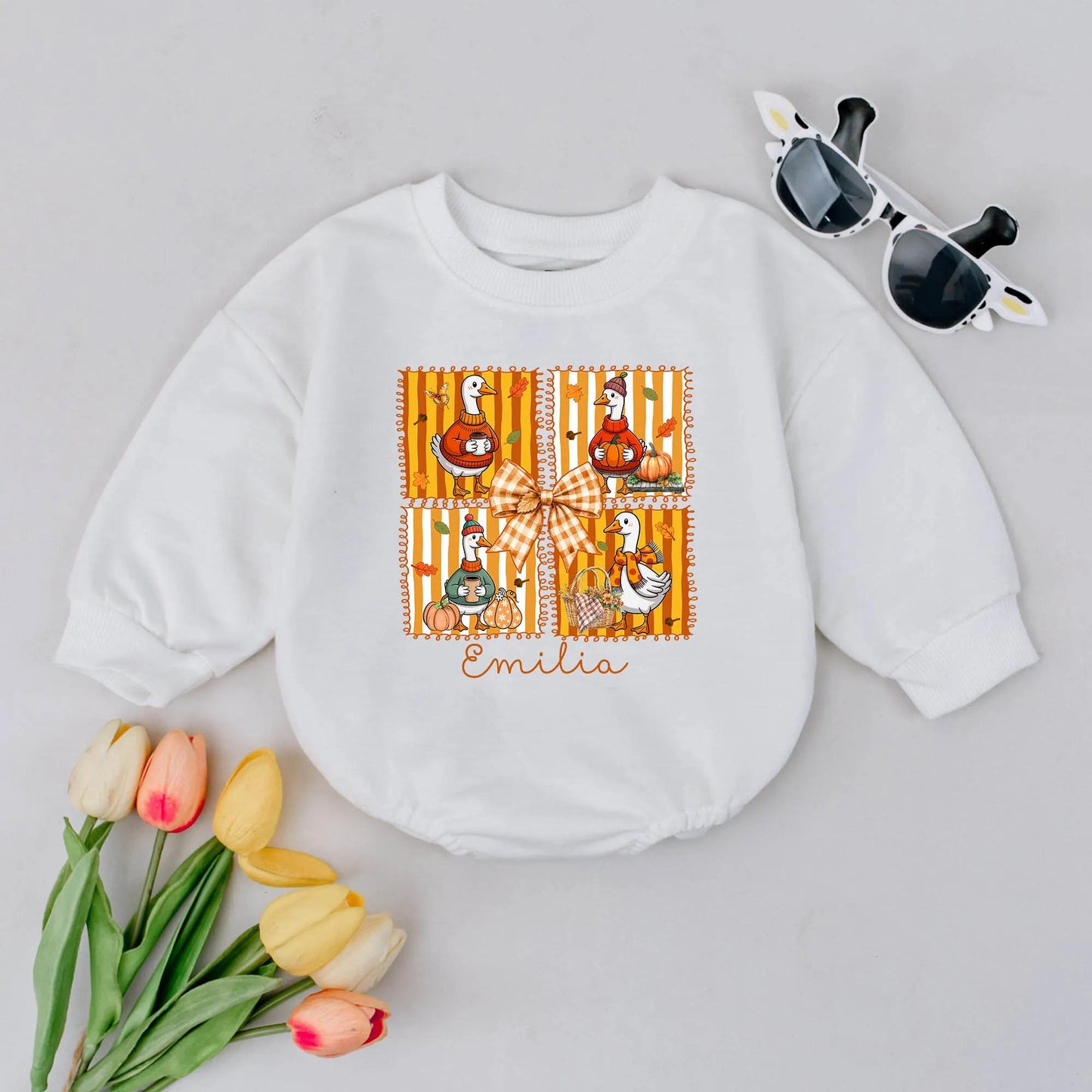 Personalized Cozy Goose Bubble Romper First Thanksgiving Baby Outfit with Orange Yellow Autumn Geese, Pumpkins, Festive Bow & Name Emilia