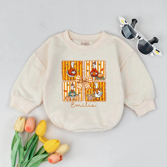 Personalized Cozy Goose Bubble Romper First Thanksgiving Baby Outfit with Orange Yellow Autumn Geese, Pumpkins, Festive Bow & Name Emilia