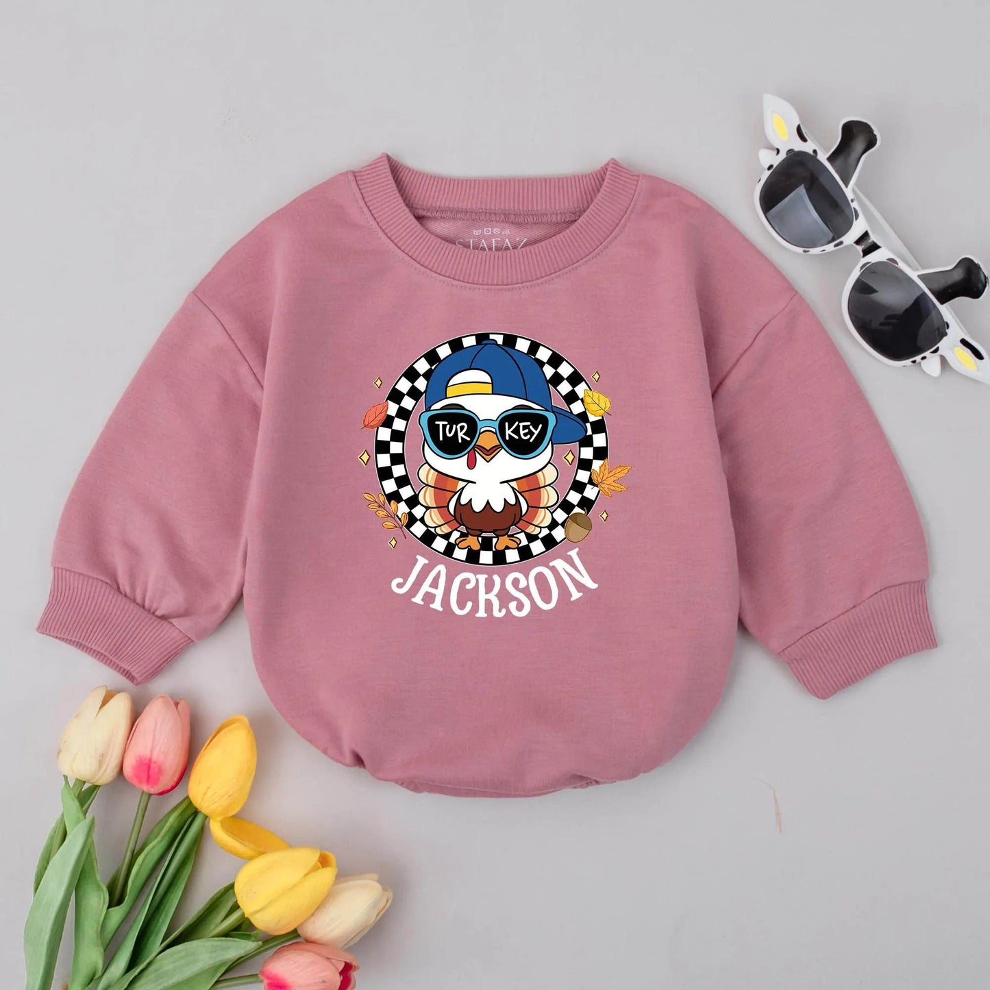 Amelia's First Thanksgiving Outfit! Funny Turkey Bodysuit with Sunglasses & Bow Personalized Fall Baby Romper Newborn Thanksgiving Gift Clothes 136
