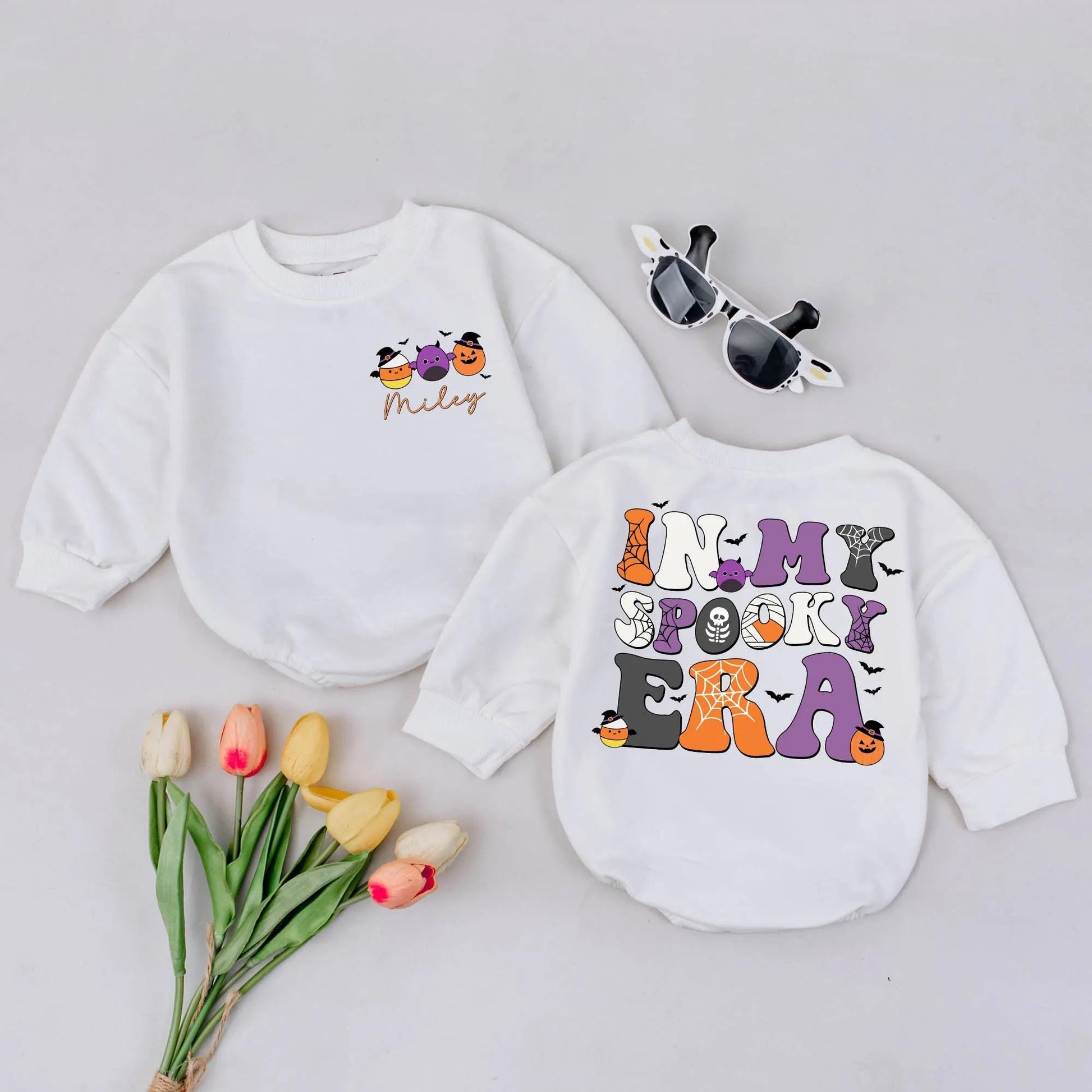 Personalized In My Spooky Era Bubble Romper Cute First Halloween Baby Outfit Spooky Season Fall Bodysuit Retro Whimsical Ghost Pumpkin Bat Gift
