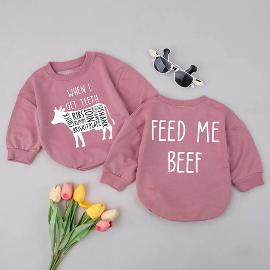 When I Get Teeth Feed Me Beef Funny Cow Infant Bubble Romper Cute Farm Baby Bodysuit Modern Humorous Baby Shower Gift Newborn Clothes