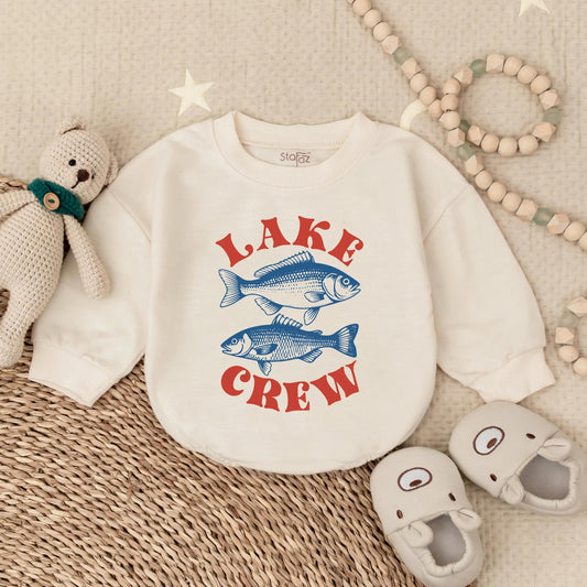 Playful Lake Crew Baby Bubble Romper Two Blue Fish Design Summer Family Lake Vacation Outfit Vintage Style Fishing Trip Adventure Apparel