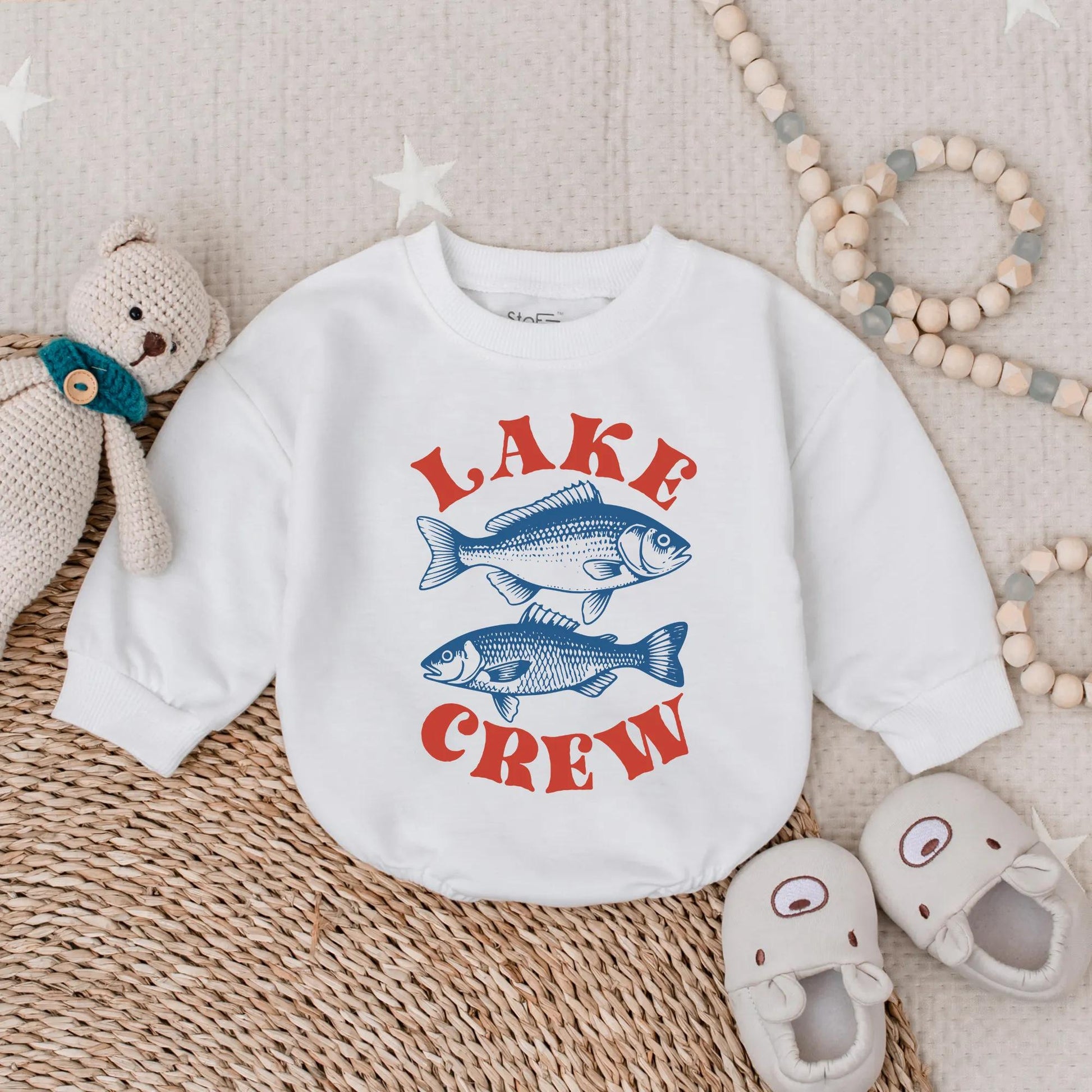 Playful Lake Crew Baby Bubble Romper Two Blue Fish Design Summer Family Lake Vacation Outfit Vintage Style Fishing Trip Adventure Apparel