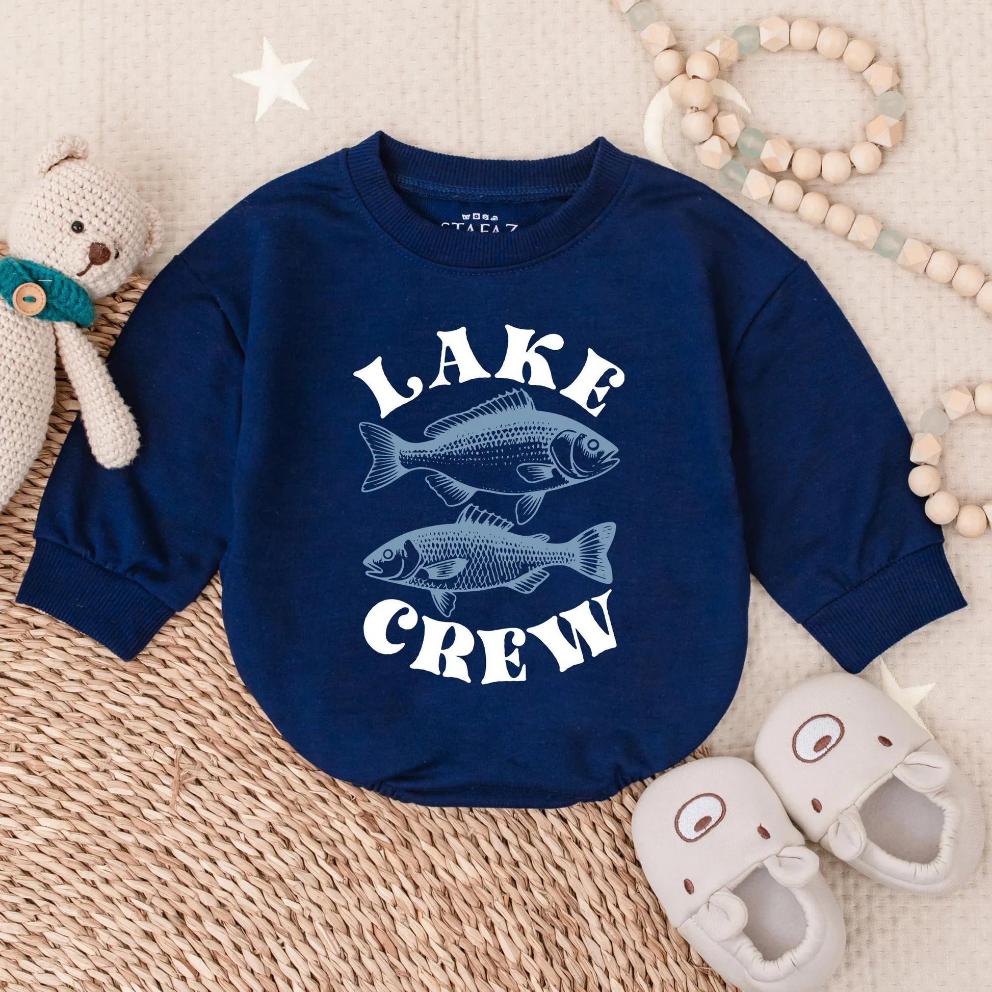 Playful Lake Crew Baby Bubble Romper Two Blue Fish Design Summer Family Lake Vacation Outfit Vintage Style Fishing Trip Adventure Apparel