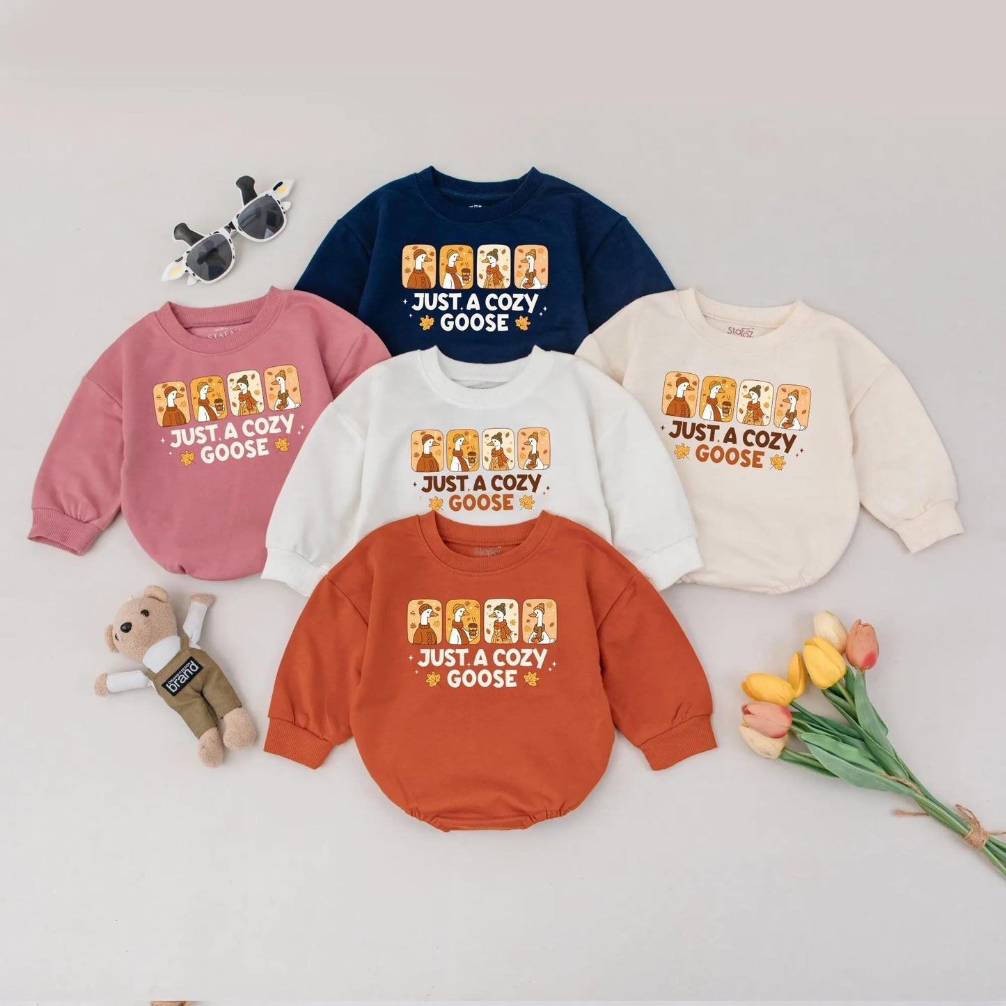 Cozy Goose Bubble Romper Autumn Thanksgiving Outfit for Baby Girl or Boy Funny Fall Newborn Clothes Maple Leaf 1st Thanksgiving Shower Gift 138