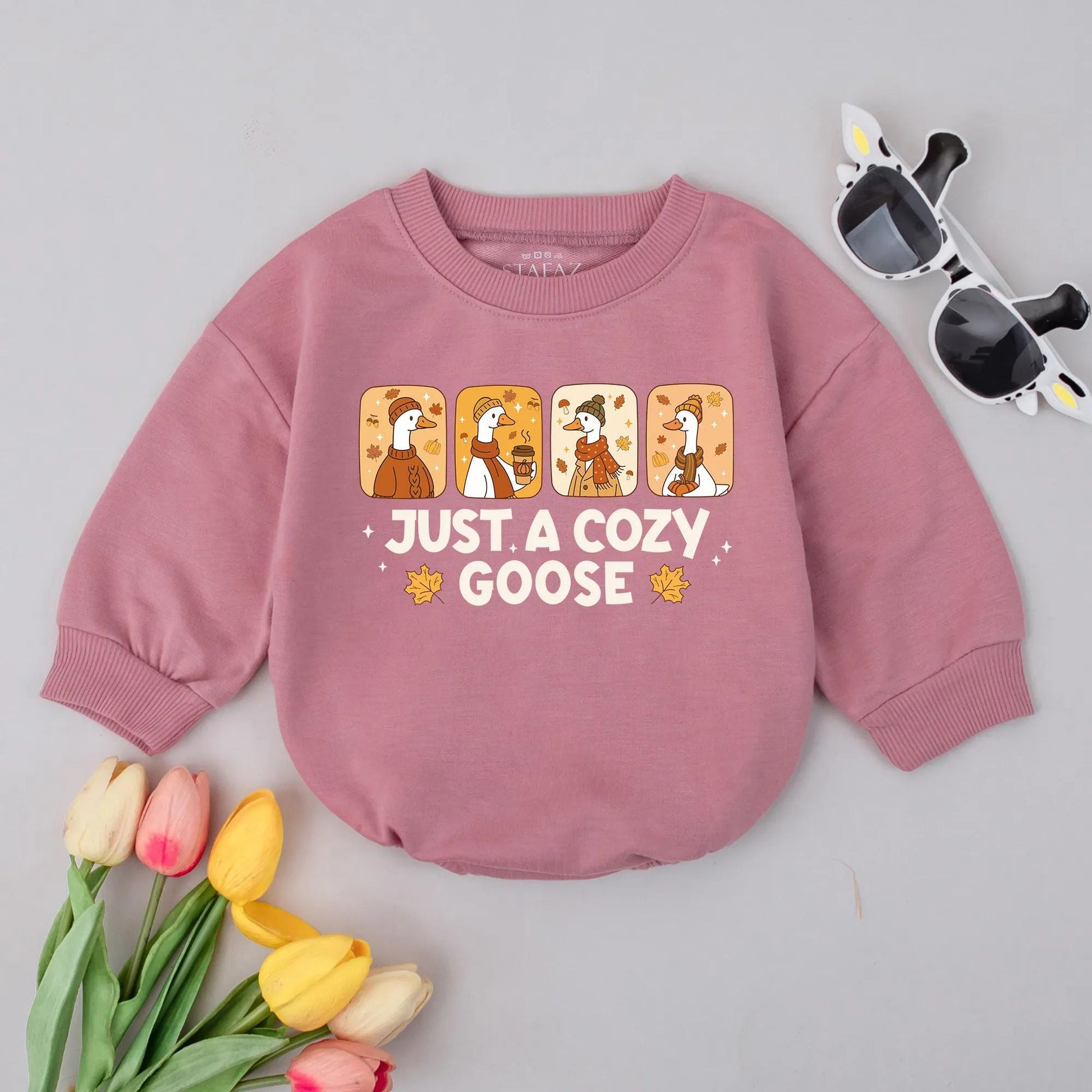 Cozy Goose Bubble Romper Autumn Thanksgiving Outfit for Baby Girl or Boy Funny Fall Newborn Clothes Maple Leaf 1st Thanksgiving Shower Gift 138