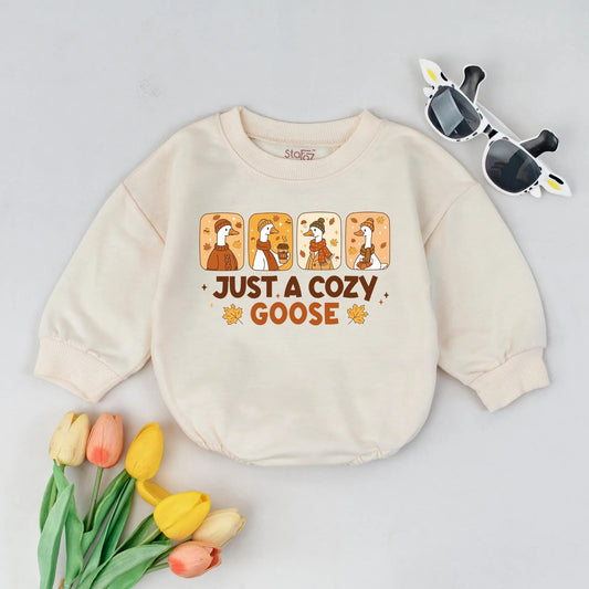 Cozy Goose Bubble Romper Autumn Thanksgiving Outfit for Baby Girl or Boy Funny Fall Newborn Clothes Maple Leaf 1st Thanksgiving Shower Gift 138