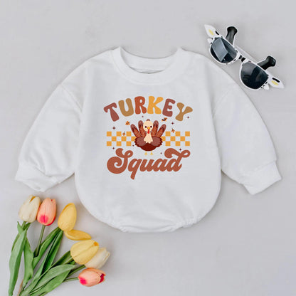Cute Turkey Squad First Thanksgiving Baby Bubble Romper Newborn Outfit Funny Fall Gift Retro Brown Orange Yellow Checkered Stripes Accents