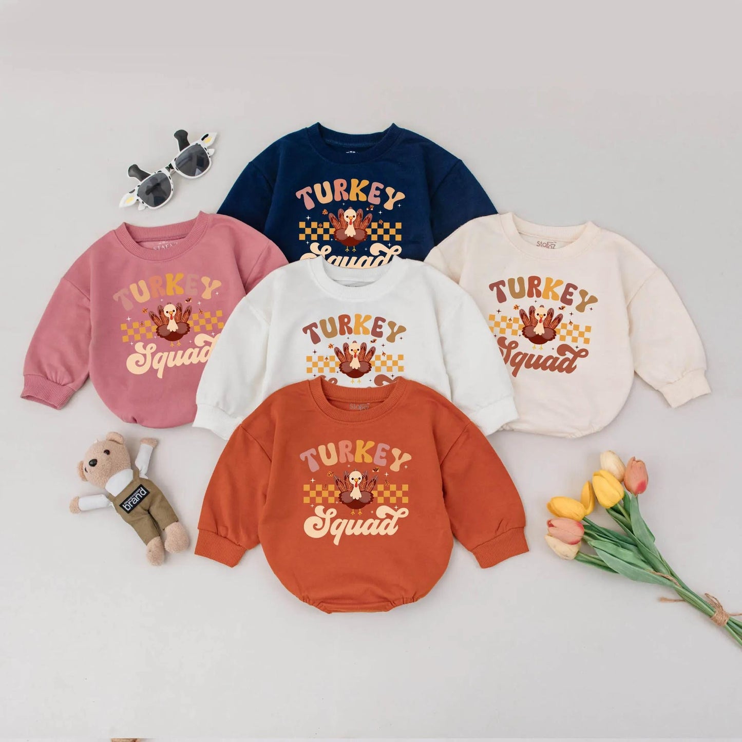 Cute Turkey Squad First Thanksgiving Baby Bubble Romper Newborn Outfit Funny Fall Gift Retro Brown Orange Yellow Checkered Stripes Accents