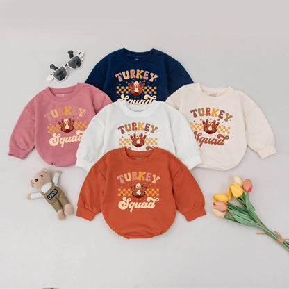 Cute Turkey Squad First Thanksgiving Baby Bubble Romper Newborn Outfit Funny Fall Gift Retro Brown Orange Yellow Checkered Stripes Accents