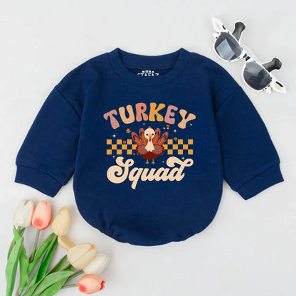 Cute Turkey Squad First Thanksgiving Baby Bubble Romper Newborn Outfit Funny Fall Gift Retro Brown Orange Yellow Checkered Stripes Accents