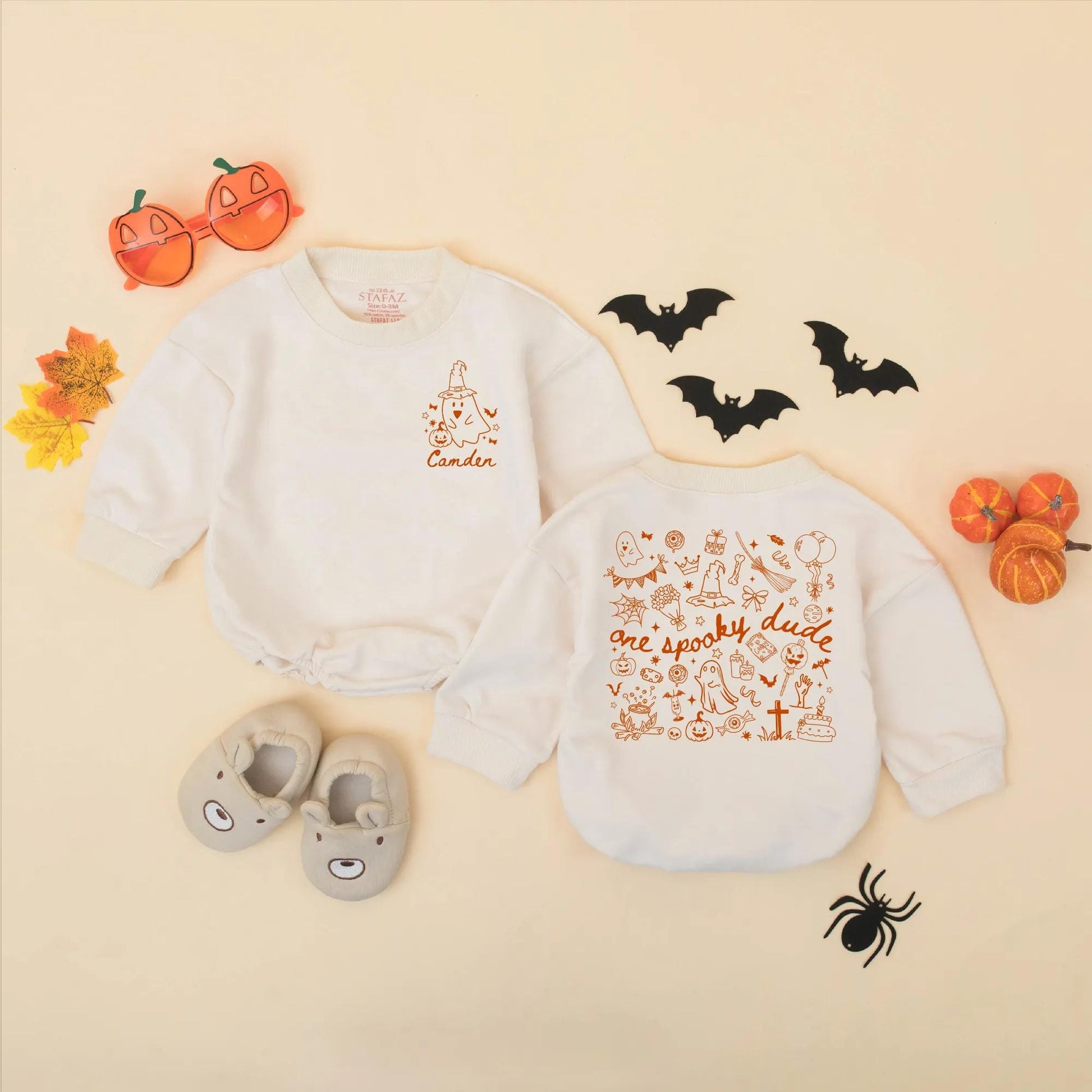 Personalized Spooky Dude Romper: Custom Halloween Baby Outfit with Ghost & Pumpkin Design, Birthday Bodysuit, First Halloween Gift, Fall Clothes 138