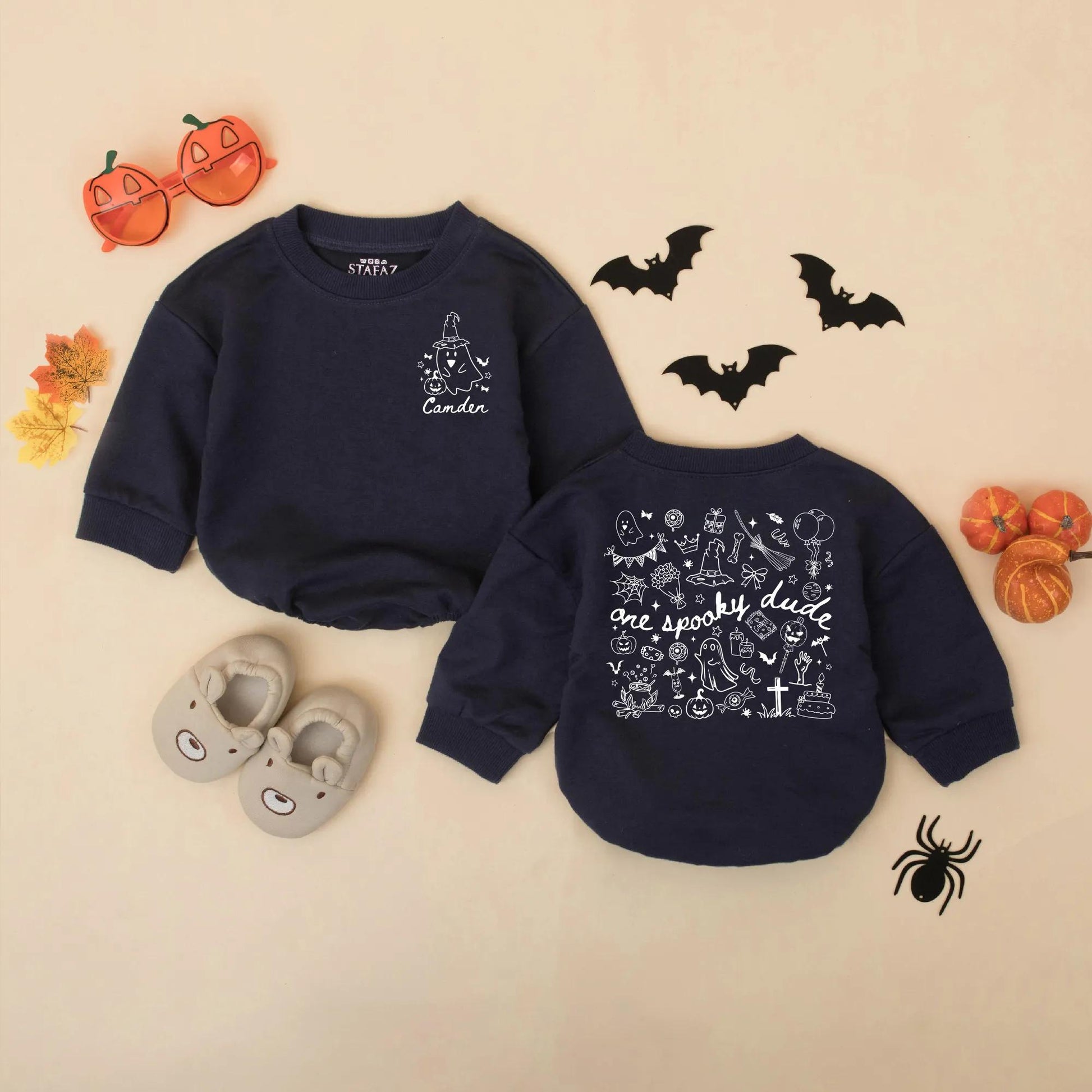 Personalized Spooky Dude Romper: Custom Halloween Baby Outfit with Ghost & Pumpkin Design, Birthday Bodysuit, First Halloween Gift, Fall Clothes 138