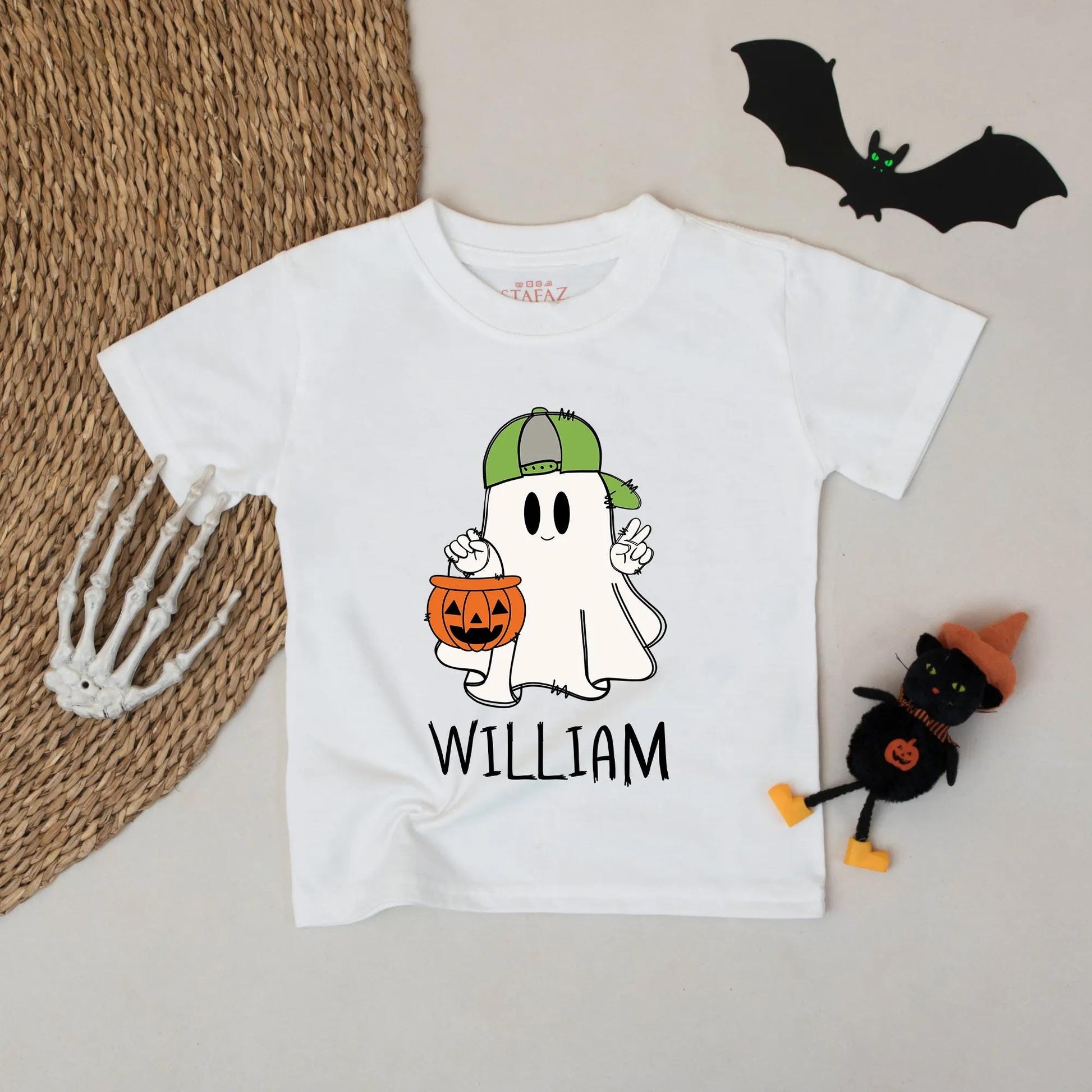Cute Cartoon Ghost Halloween Shirt Personalized William Name Toddler Boy Fall Outfit Trick or Treat Gift