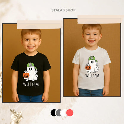 Cute Cartoon Ghost Halloween Shirt Personalized William Name Toddler Boy Fall Outfit Trick or Treat Gift