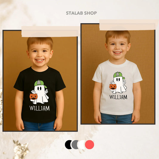 Cute Cartoon Ghost Halloween Shirt Personalized William Name Toddler Boy Fall Outfit Trick or Treat Gift