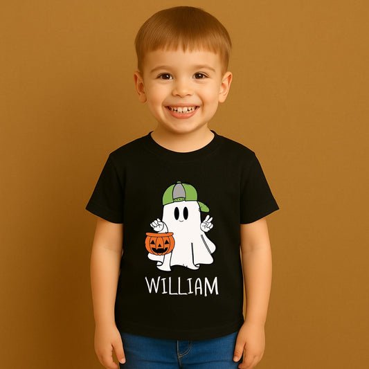 Cute Cartoon Ghost Halloween Shirt Personalized William Name Toddler Boy Fall Outfit Trick or Treat Gift