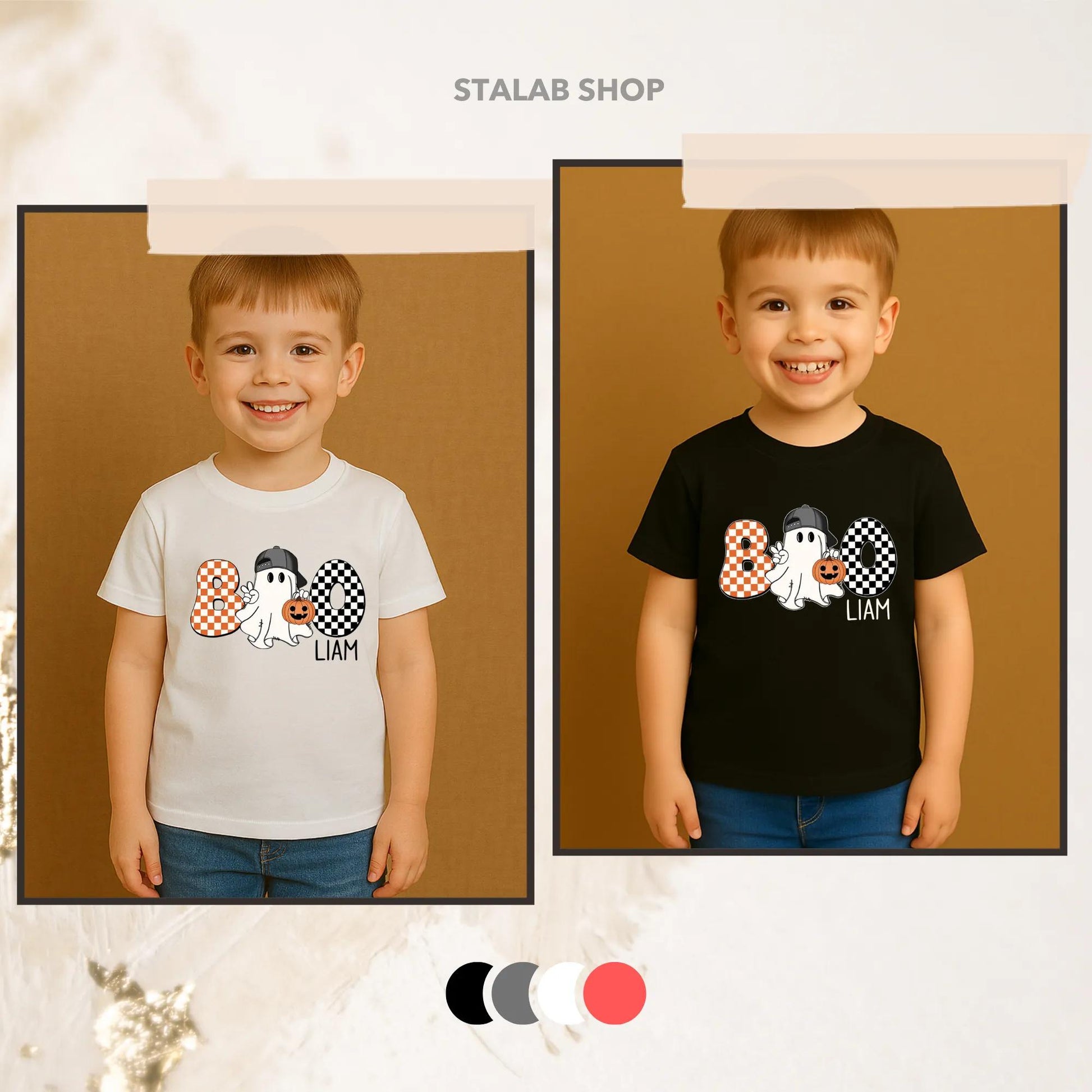 Cute Boo Halloween Shirt for Boys Liam Orange White Checkerboard Ghost Pumpkin Backwards Cap Toddler Shirt Fun Cartoon Style