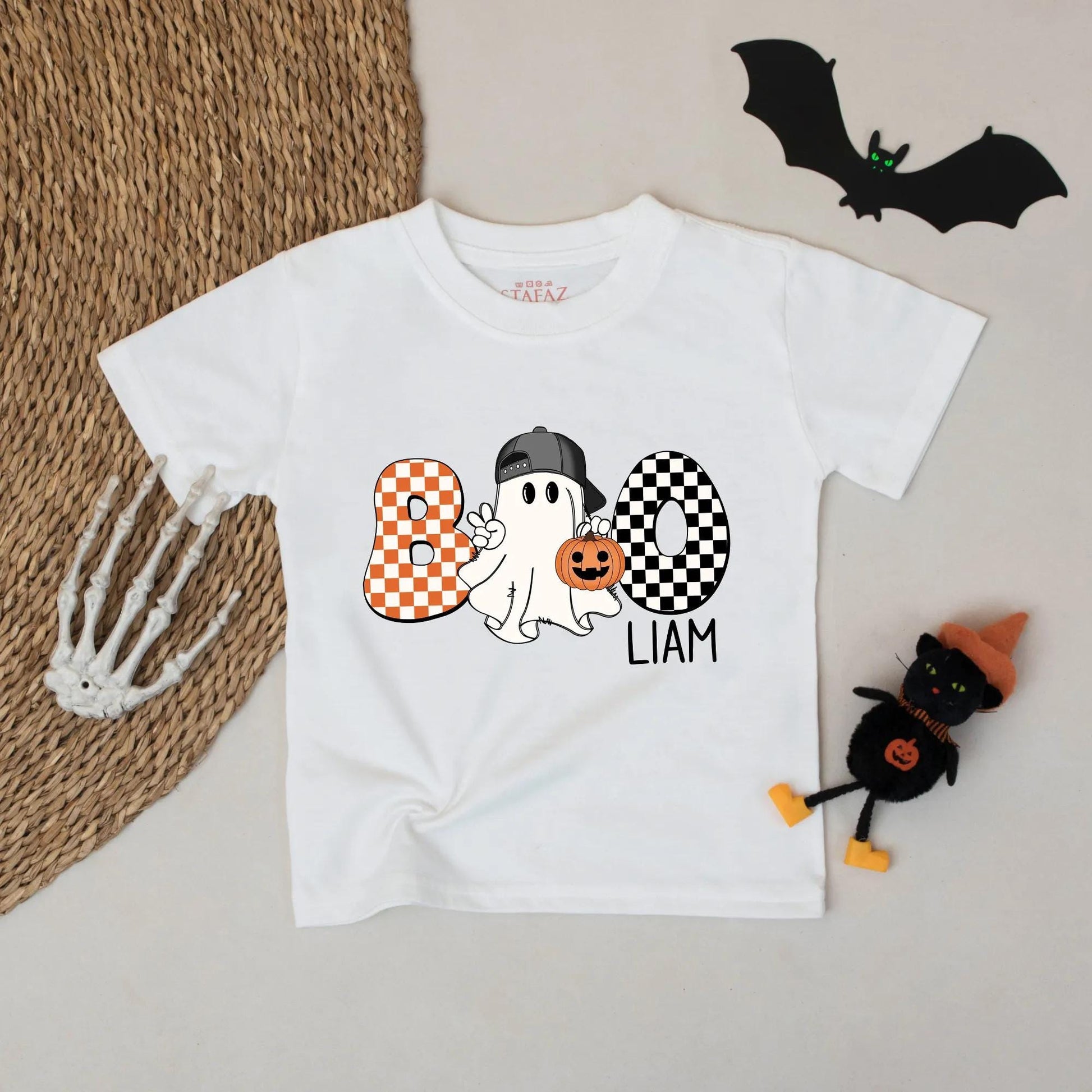 Cute Boo Halloween Shirt for Boys Liam Orange White Checkerboard Ghost Pumpkin Backwards Cap Toddler Shirt Fun Cartoon Style