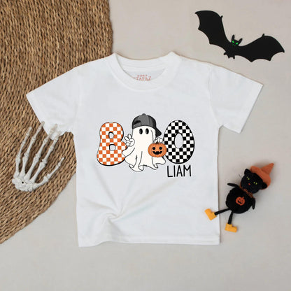 Cute Boo Halloween Shirt for Boys Liam Orange White Checkerboard Ghost Pumpkin Backwards Cap Toddler Shirt Fun Cartoon Style
