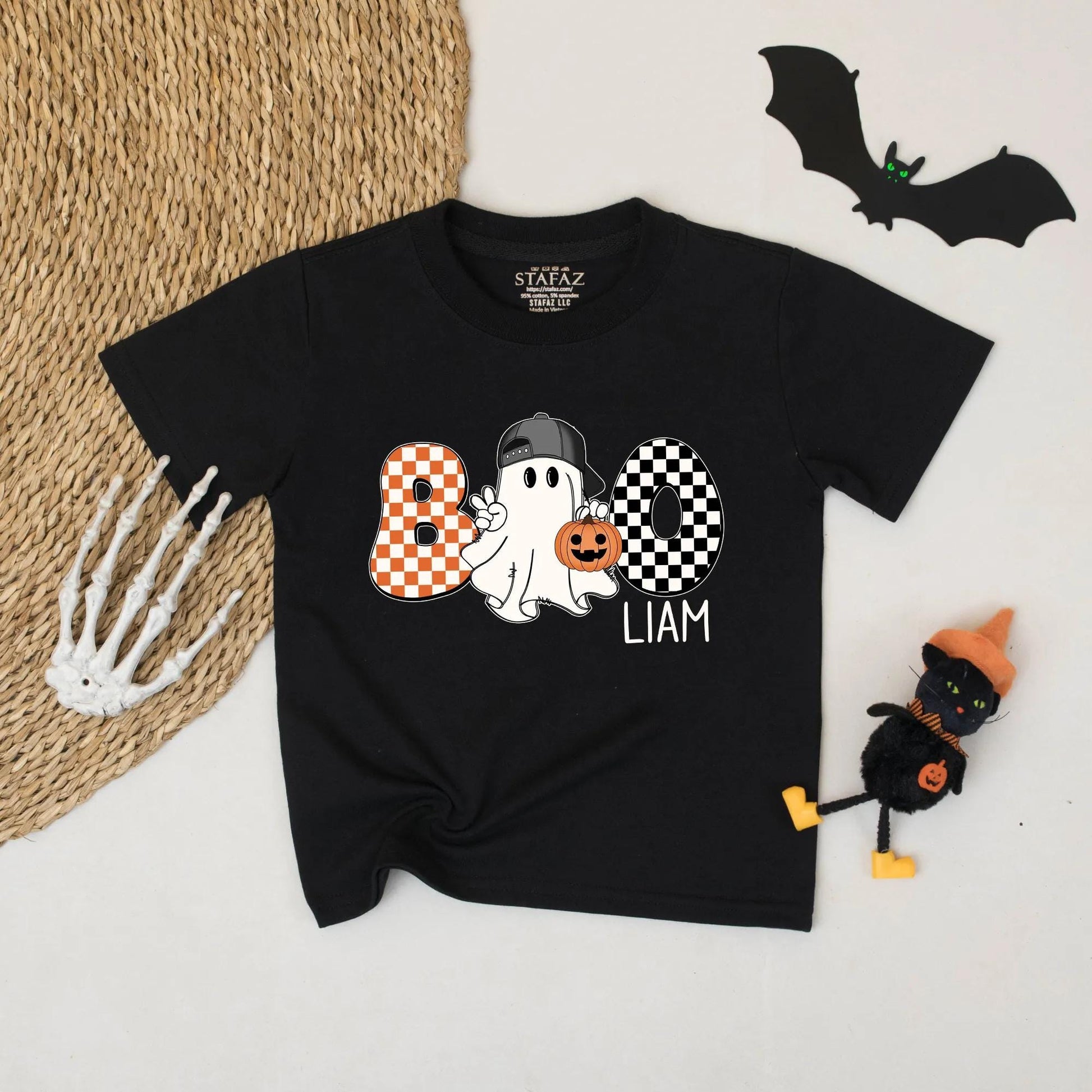 Cute Boo Halloween Shirt for Boys Liam Orange White Checkerboard Ghost Pumpkin Backwards Cap Toddler Shirt Fun Cartoon Style