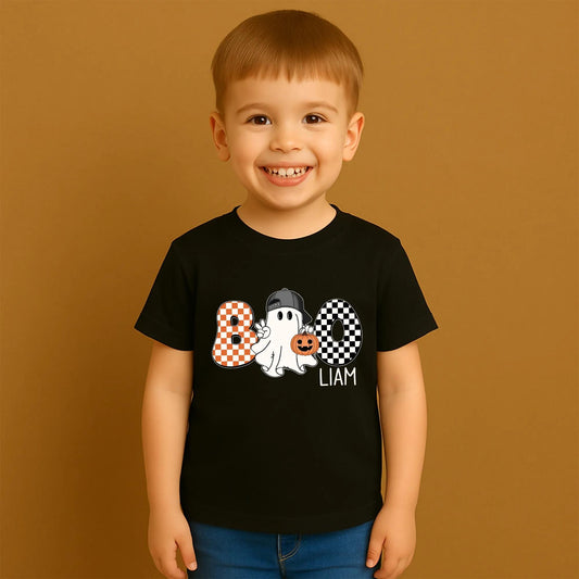 Cute Boo Halloween Shirt for Boys Liam Orange White Checkerboard Ghost Pumpkin Backwards Cap Toddler Shirt Fun Cartoon Style