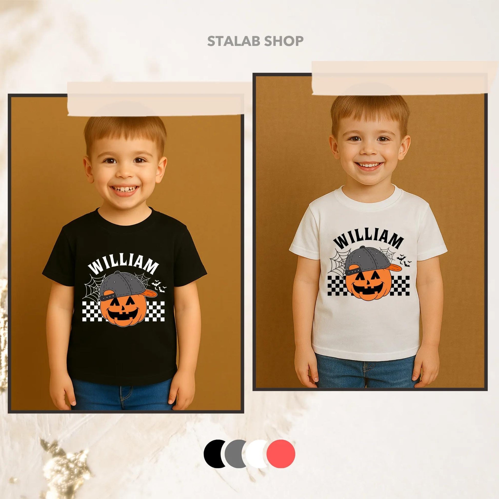 Personalized Cartoon Pumpkin Toddler Shirt with Name Backwards Cap Design Retro Halloween Boy Tee Spooky Fun Checkered Flag Fall Apparel