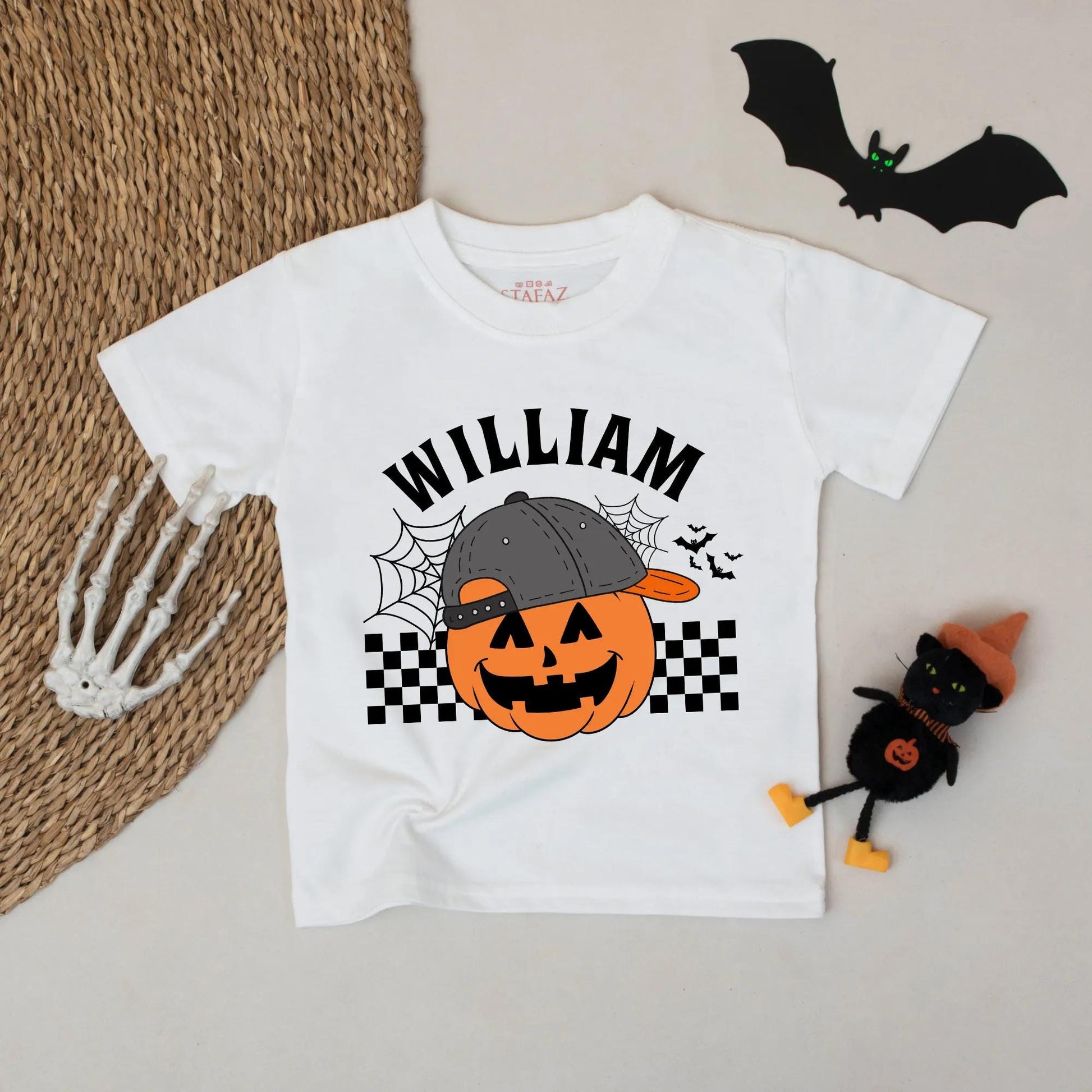 Personalized Cartoon Pumpkin Toddler Shirt with Name Backwards Cap Design Retro Halloween Boy Tee Spooky Fun Checkered Flag Fall Apparel